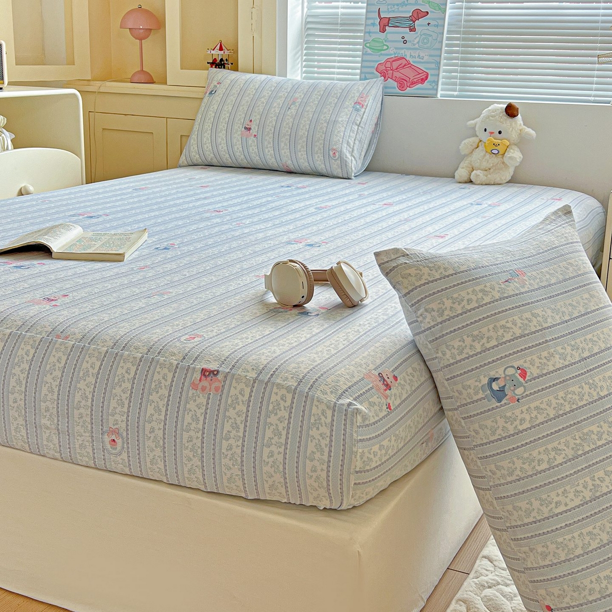 91家纺网 家纺一手货源 找家纺 Mata蔓塔家 2025新款双层纱印花系列单床笠床笠单件 小象宝宝