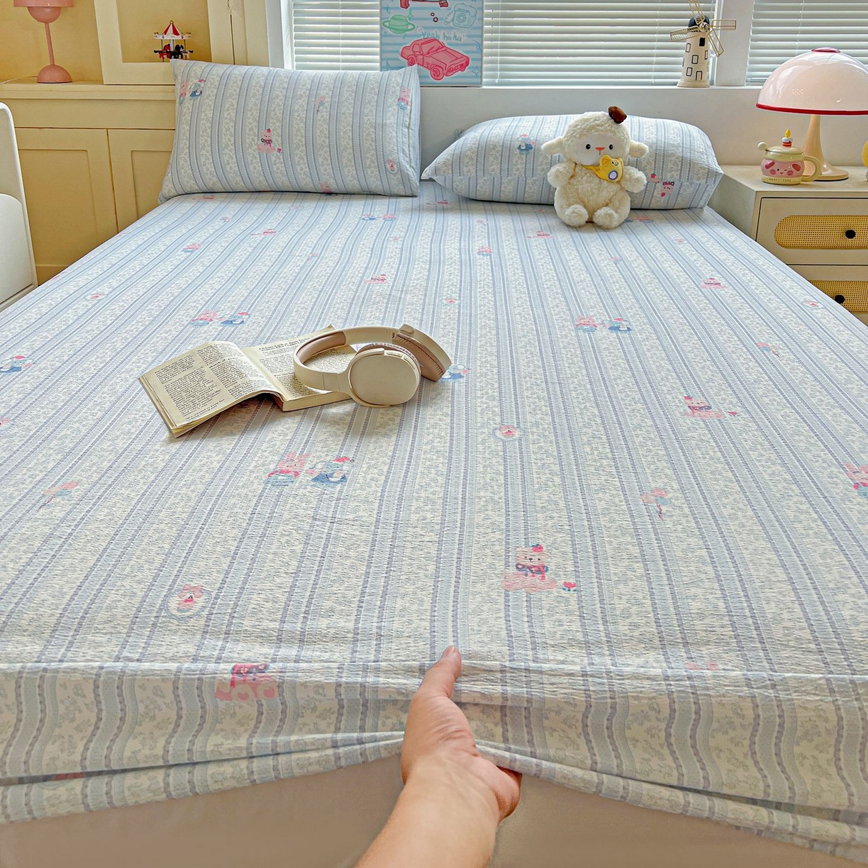 91家纺网 家纺一手货源 找家纺 Mata蔓塔家 2025新款双层纱印花系列单床笠床笠单件 小象宝宝