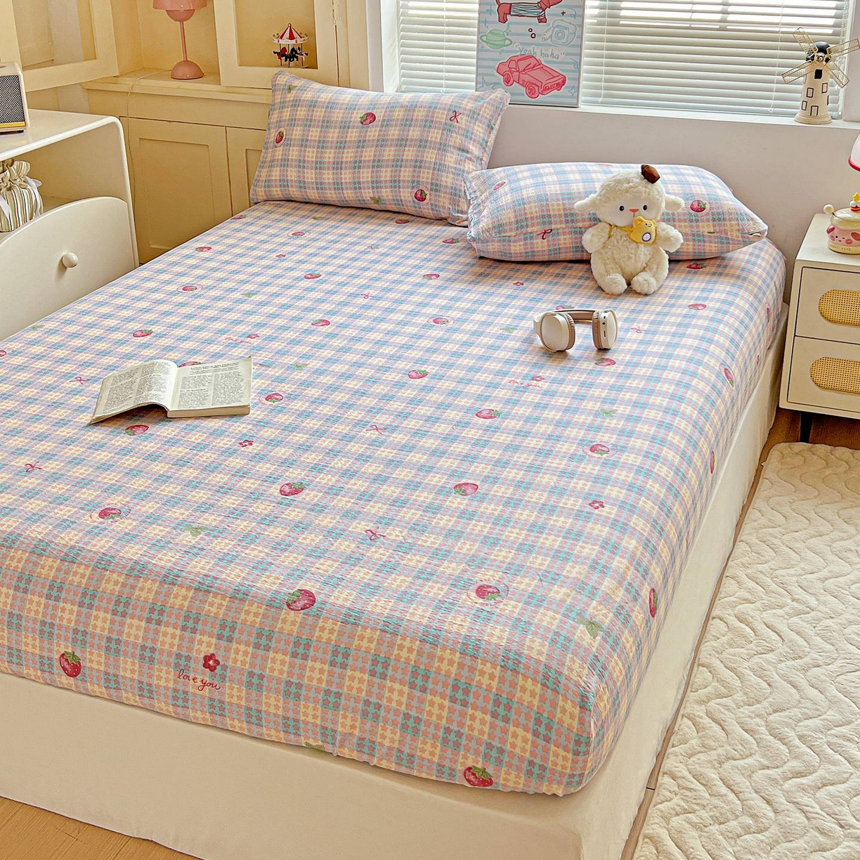 91家纺网 家纺一手货源 找家纺 Mata蔓塔家 2025新款双层纱印花系列单床笠床笠单件 有草莓的地方