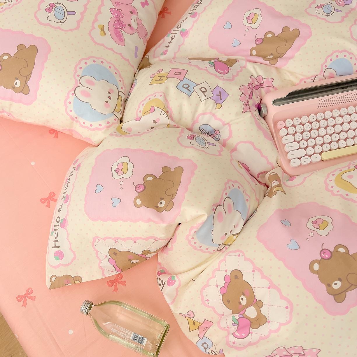 91家纺网 家纺一手货源 找家纺 DoDo 兜兜 2026新款卡通全棉纯棉小清新三四件套系列 （可定做尺寸） 粉粉猫