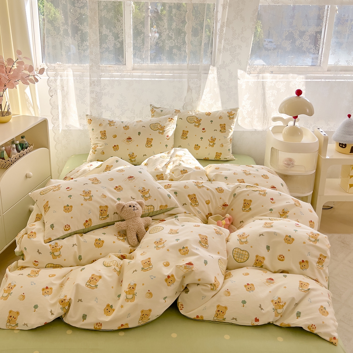 91家纺网 家纺一手货源 找家纺 DoDo 兜兜 2026新款卡通全棉纯棉小清新三四件套系列 （可定做尺寸） 围裙小熊