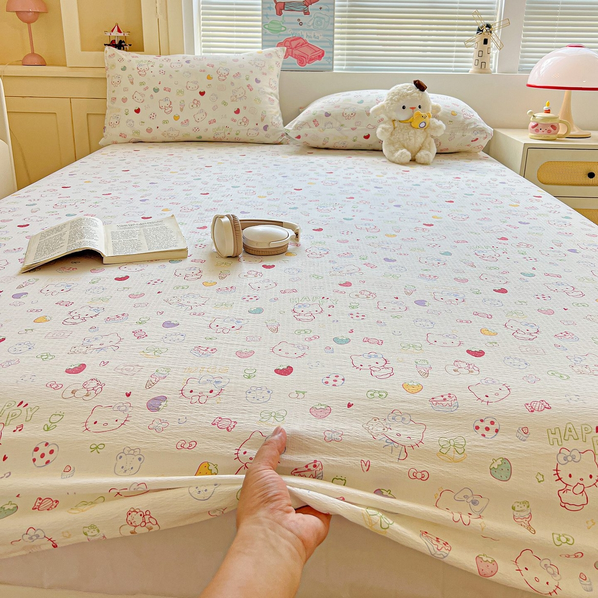 91家纺网 家纺一手货源 找家纺 Mata蔓塔家 2025新款双层纱印花系列单床笠床笠单件 甜品猫星球