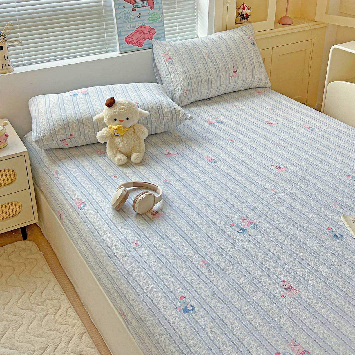 91家纺网 家纺一手货源 找家纺 Mata蔓塔家 2025新款双层纱印花系列单床笠床笠单件 小象宝宝