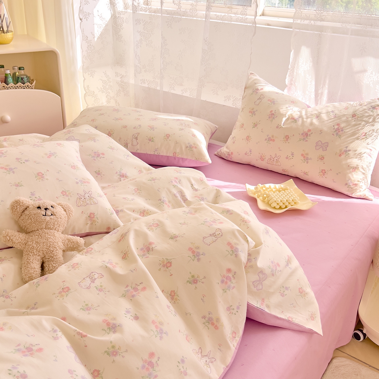 91家纺网 家纺一手货源 找家纺 DoDo 兜兜 2026新款卡通全棉纯棉小清新三四件套系列 （可定做尺寸） 萝莉兔