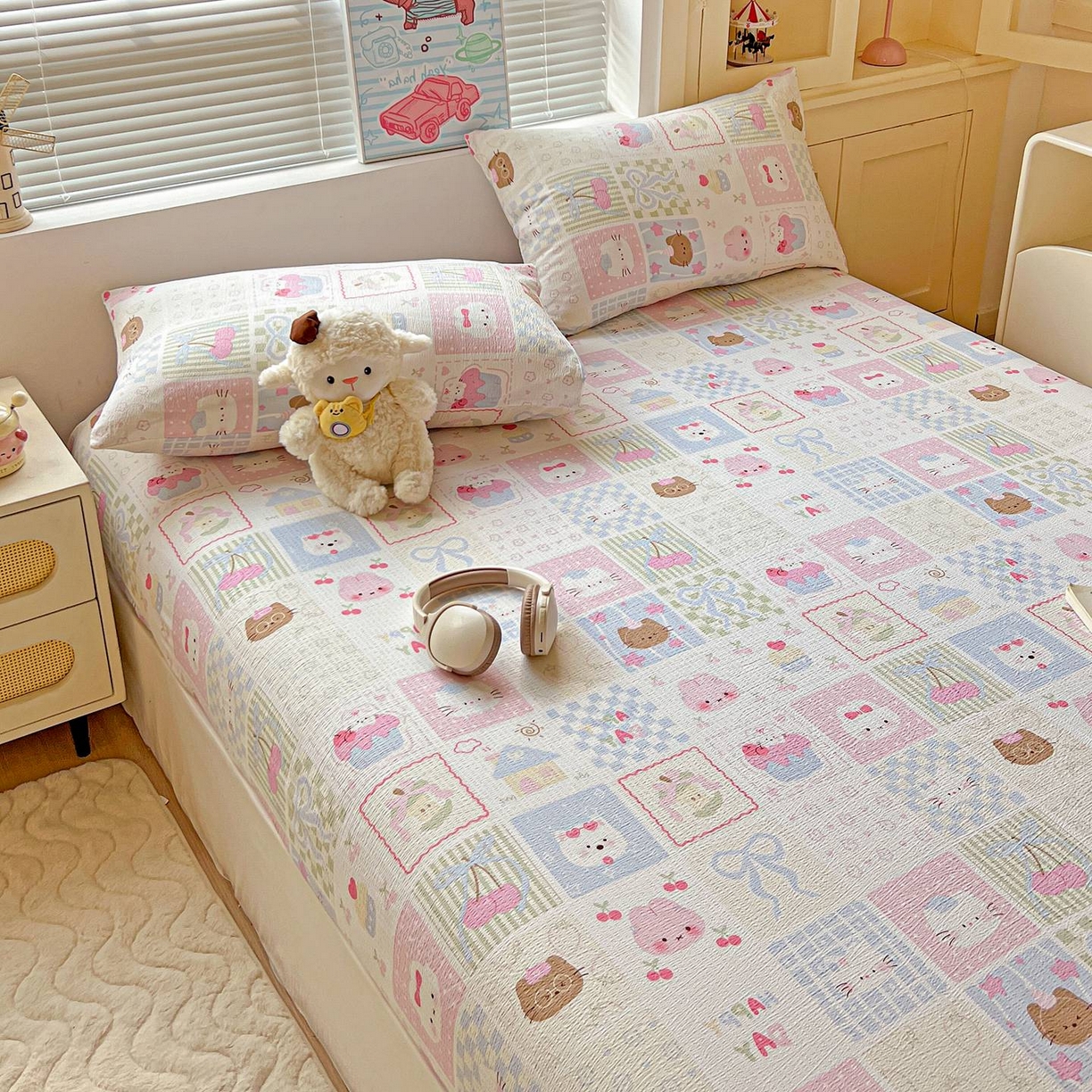 91家纺网 家纺一手货源 找家纺 Mata蔓塔家 2025新款双层纱印花系列单床笠床笠单件 奶油块块