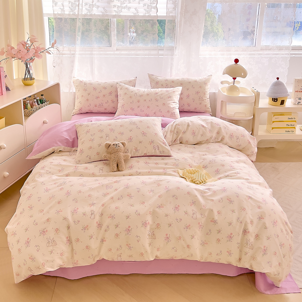 91家纺网 家纺一手货源 找家纺 DoDo 兜兜 2026新款卡通全棉纯棉小清新三四件套系列 （可定做尺寸） 萝莉兔