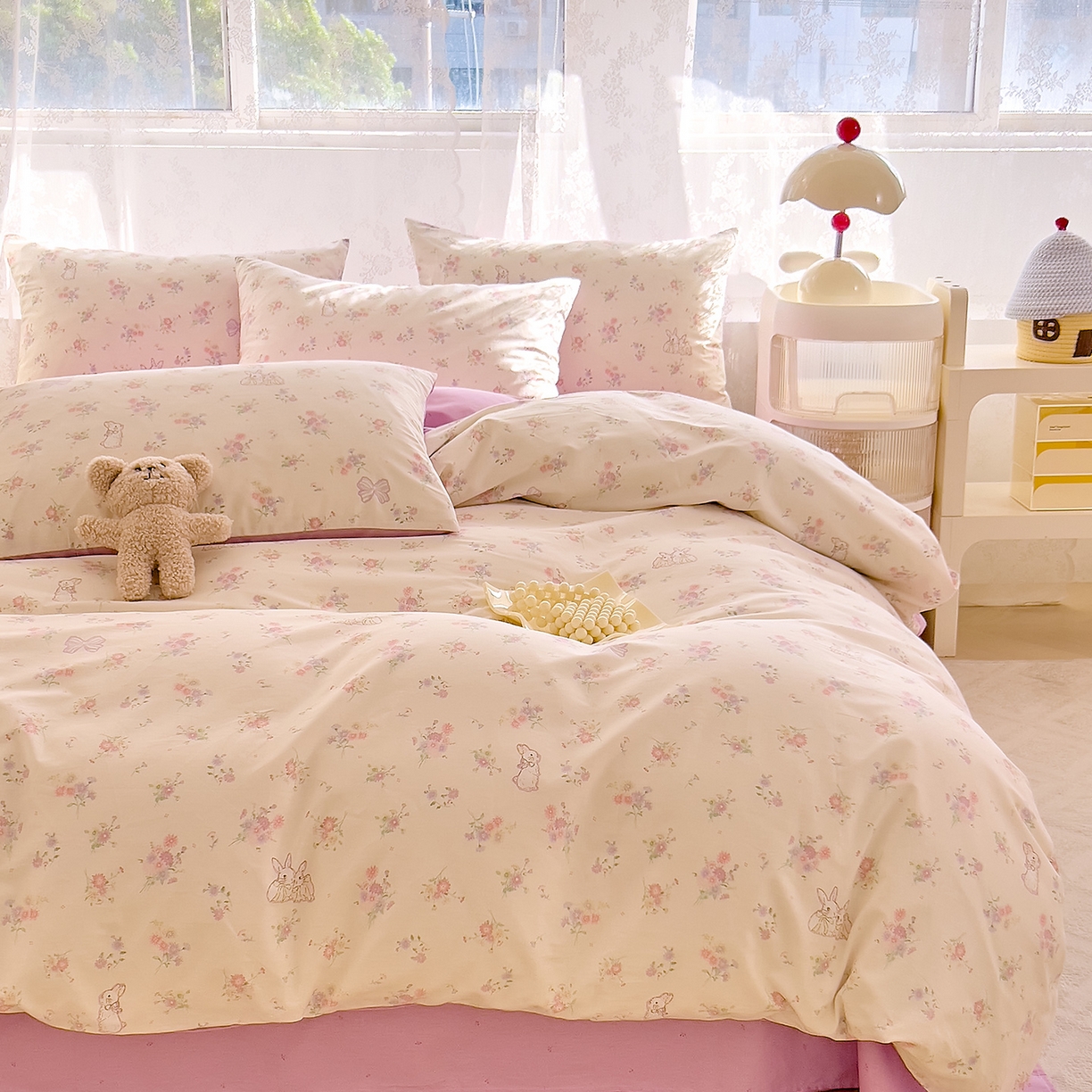 91家纺网 家纺一手货源 找家纺 DoDo 兜兜 2026新款卡通全棉纯棉小清新三四件套系列 （可定做尺寸） 萝莉兔