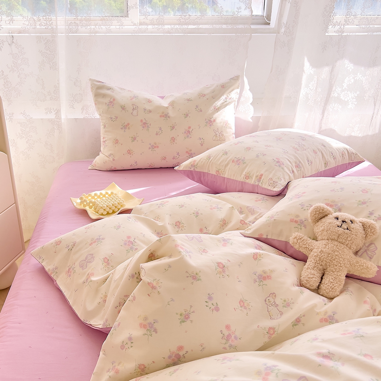 91家纺网 家纺一手货源 找家纺 DoDo 兜兜 2026新款卡通全棉纯棉小清新三四件套系列 （可定做尺寸） 萝莉兔