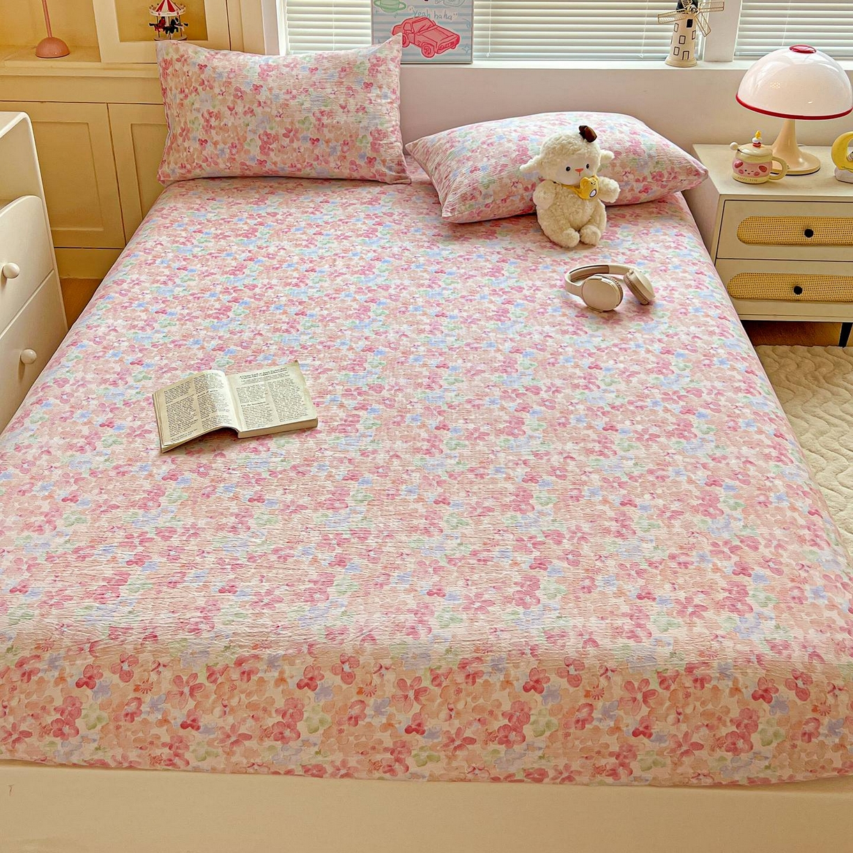 91家纺网 家纺一手货源 找家纺 Mata蔓塔家 2025新款双层纱印花系列单床笠床笠单件 十里桃花