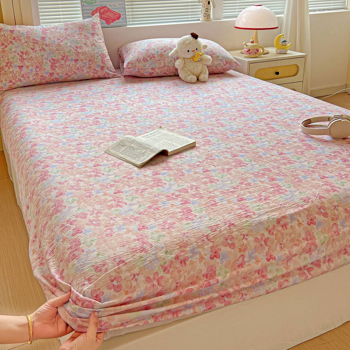 91家纺网 家纺一手货源 找家纺 Mata蔓塔家 2025新款双层纱印花系列单床笠床笠单件 十里桃花