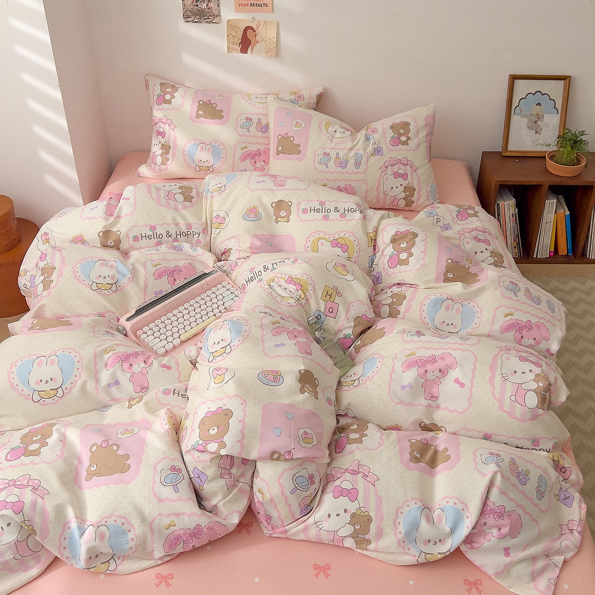 91家纺网 家纺一手货源 找家纺 DoDo 兜兜 2026新款卡通全棉纯棉小清新三四件套系列 （可定做尺寸） 粉粉猫