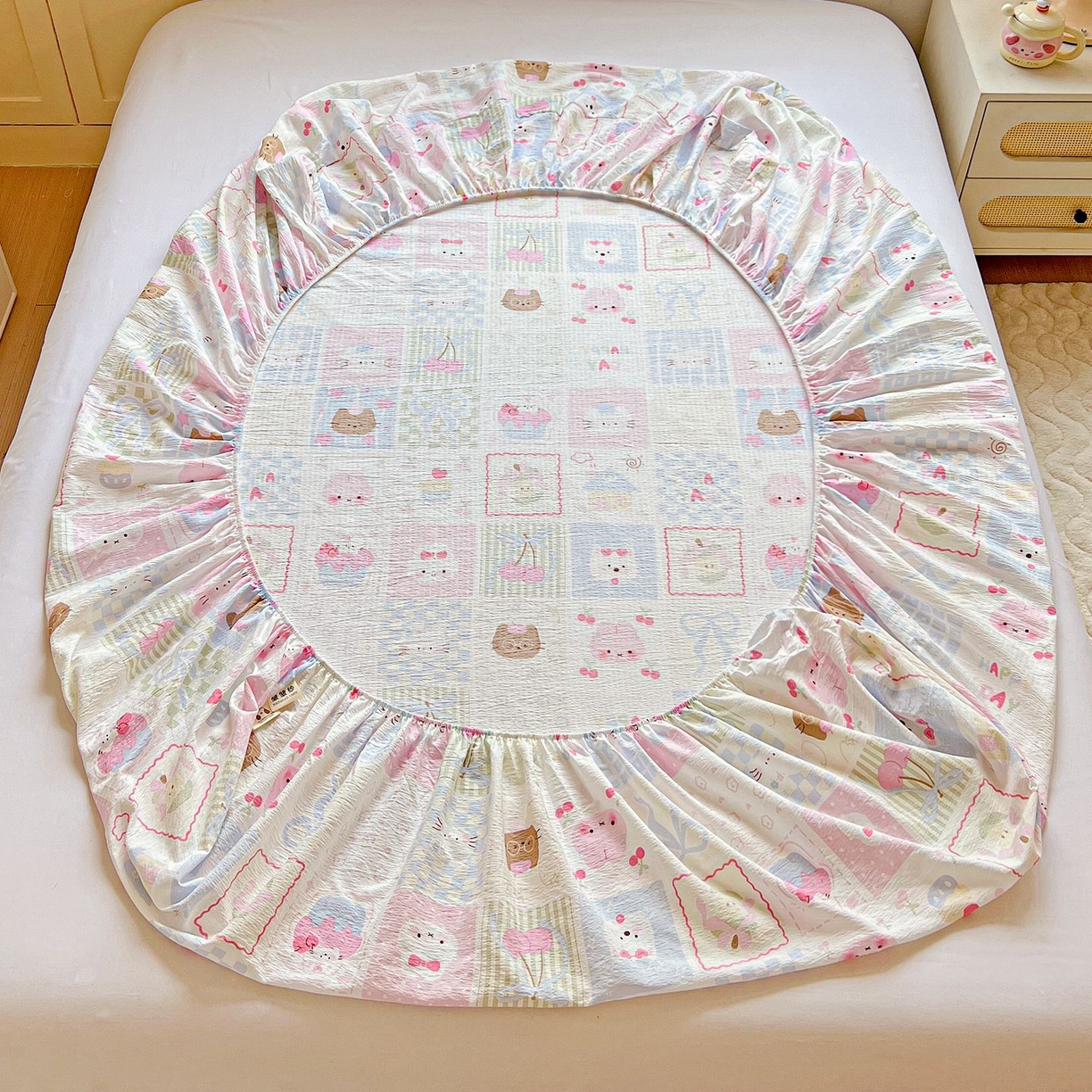 91家纺网 家纺一手货源 找家纺 Mata蔓塔家 2025新款双层纱印花系列单床笠床笠单件 奶油块块