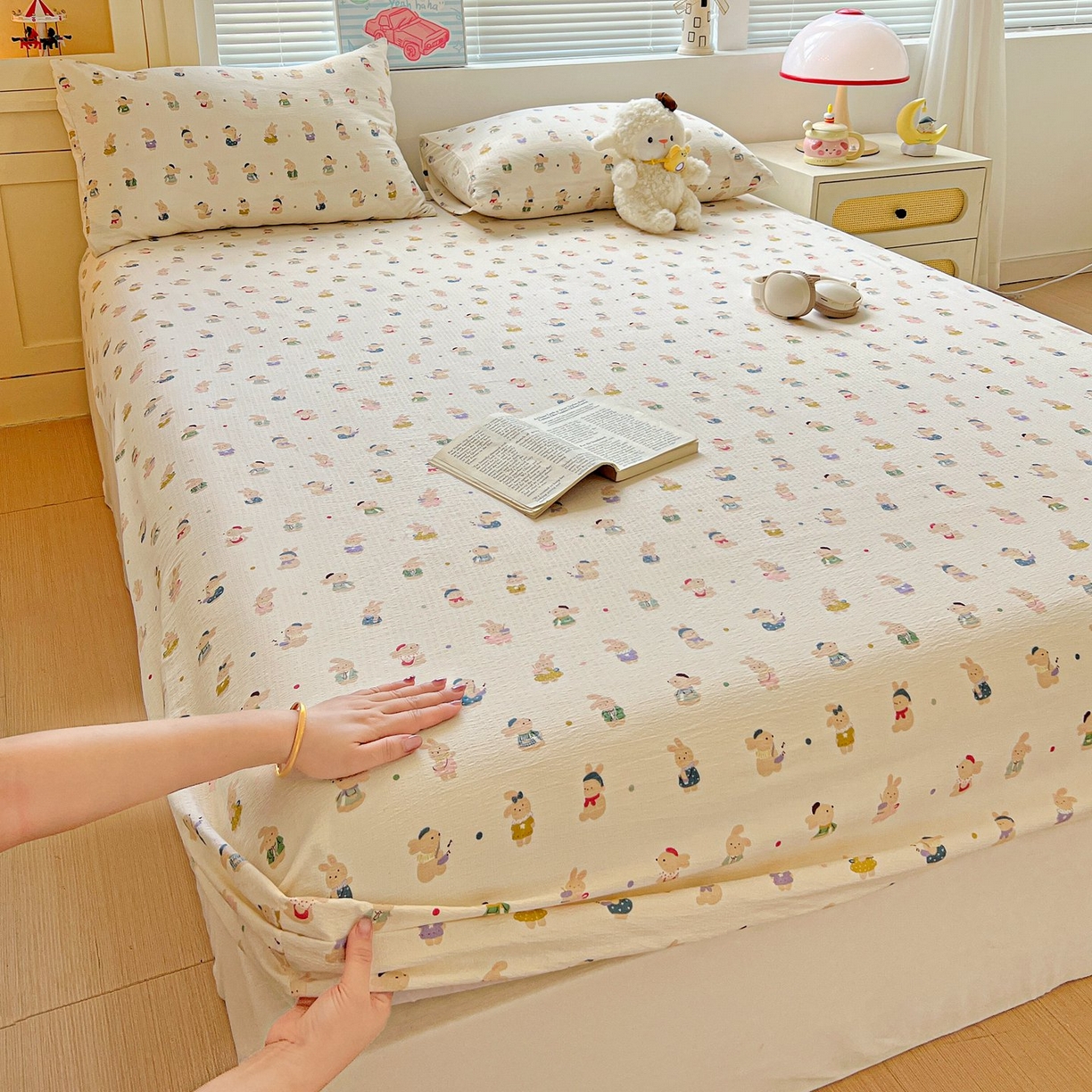 91家纺网 家纺一手货源 找家纺 Mata蔓塔家 2025新款双层纱印花系列单床笠床笠单件 兔子集合