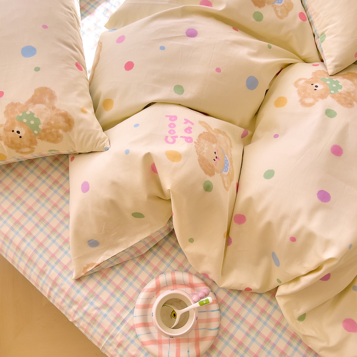 91家纺网 家纺一手货源 找家纺 DoDo 兜兜 2026新款卡通全棉纯棉小清新三四件套系列 （可定做尺寸） 假日小狗