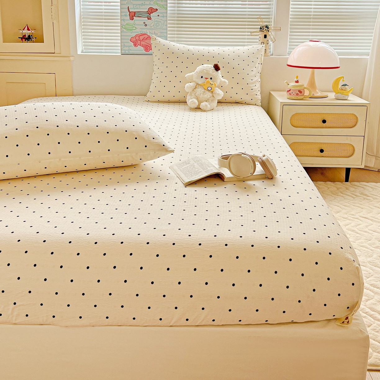 91家纺网 家纺一手货源 找家纺 Mata蔓塔家 2025新款双层纱印花系列单床笠床笠单件 米波点