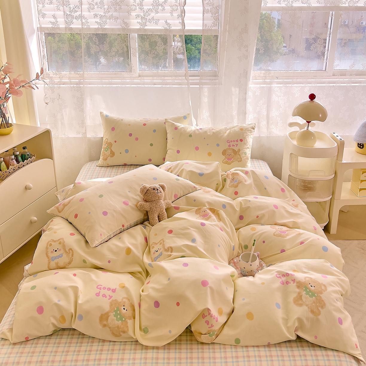 91家纺网 家纺一手货源 找家纺 DoDo 兜兜 2026新款卡通全棉纯棉小清新三四件套系列 （可定做尺寸） 假日小狗