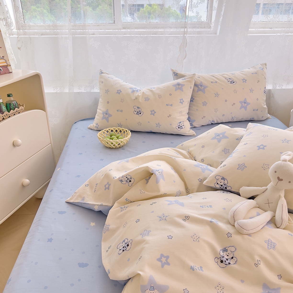 91家纺网 家纺一手货源 找家纺 DoDo 兜兜 2026新款卡通全棉纯棉小清新三四件套系列 （可定做尺寸） 星星仔