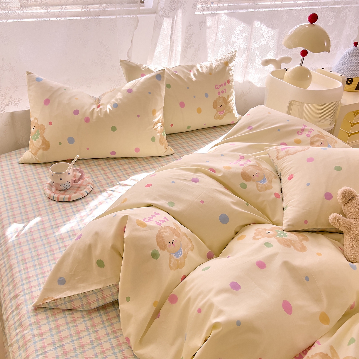 91家纺网 家纺一手货源 找家纺 DoDo 兜兜 2026新款卡通全棉纯棉小清新三四件套系列 （可定做尺寸） 假日小狗