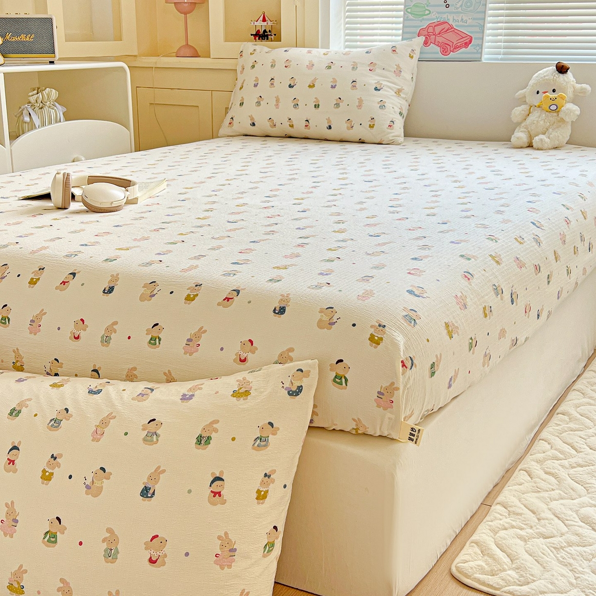 91家纺网 家纺一手货源 找家纺 Mata蔓塔家 2025新款双层纱印花系列单床笠床笠单件 兔子集合