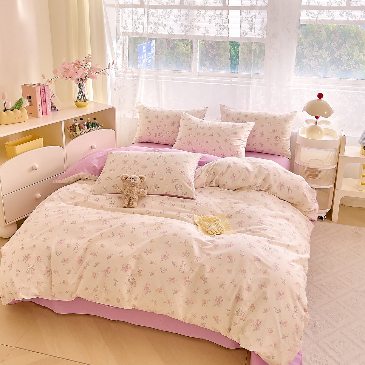 91家纺网 家纺一手货源 找家纺 DoDo 兜兜 2026新款卡通全棉纯棉小清新三四件套系列 （可定做尺寸） 萝莉兔