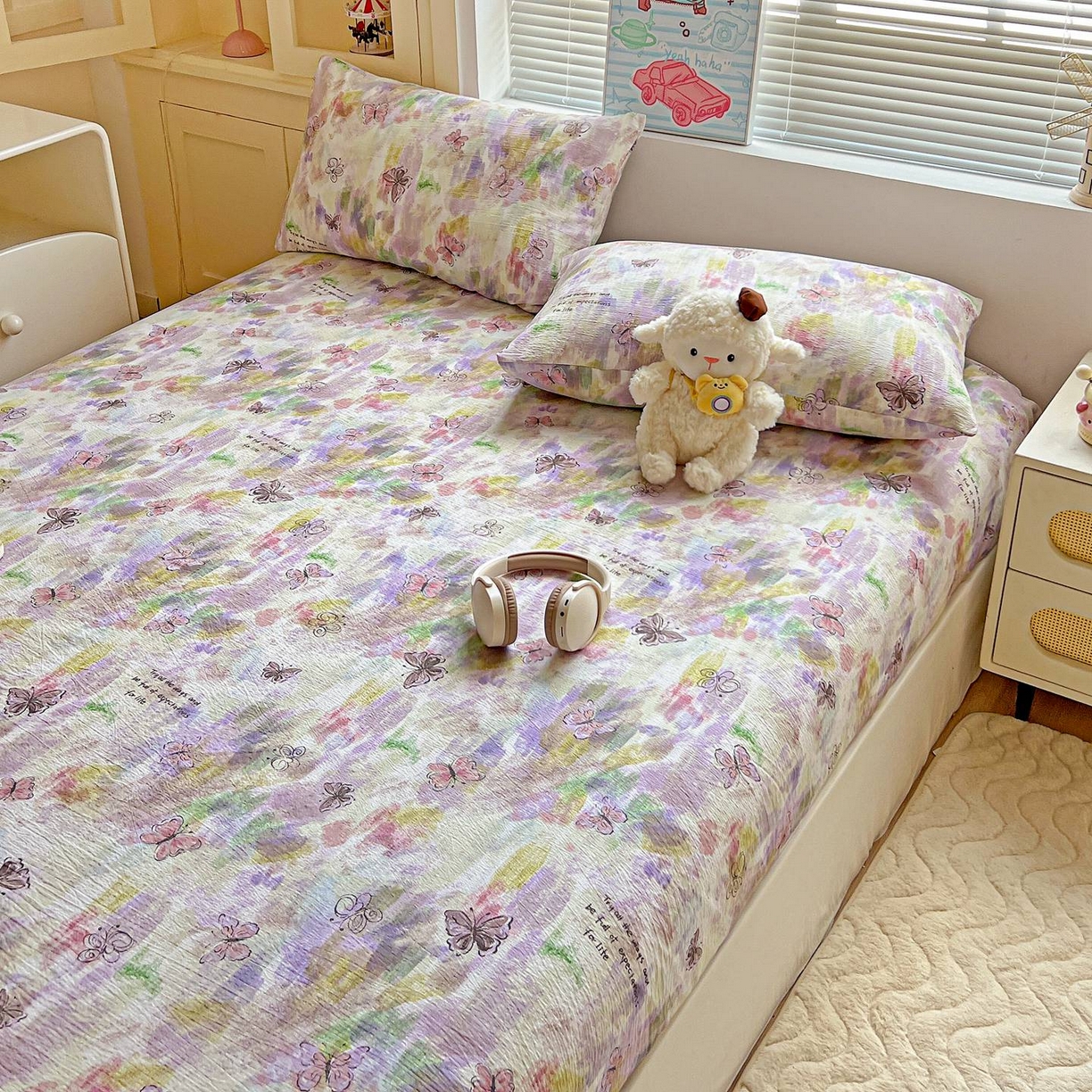 91家纺网 家纺一手货源 找家纺 Mata蔓塔家 2025新款双层纱印花系列单床笠床笠单件 油彩蝴蝶