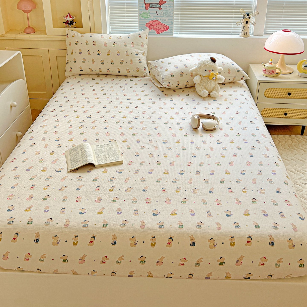 91家纺网 家纺一手货源 找家纺 Mata蔓塔家 2025新款双层纱印花系列单床笠床笠单件 兔子集合