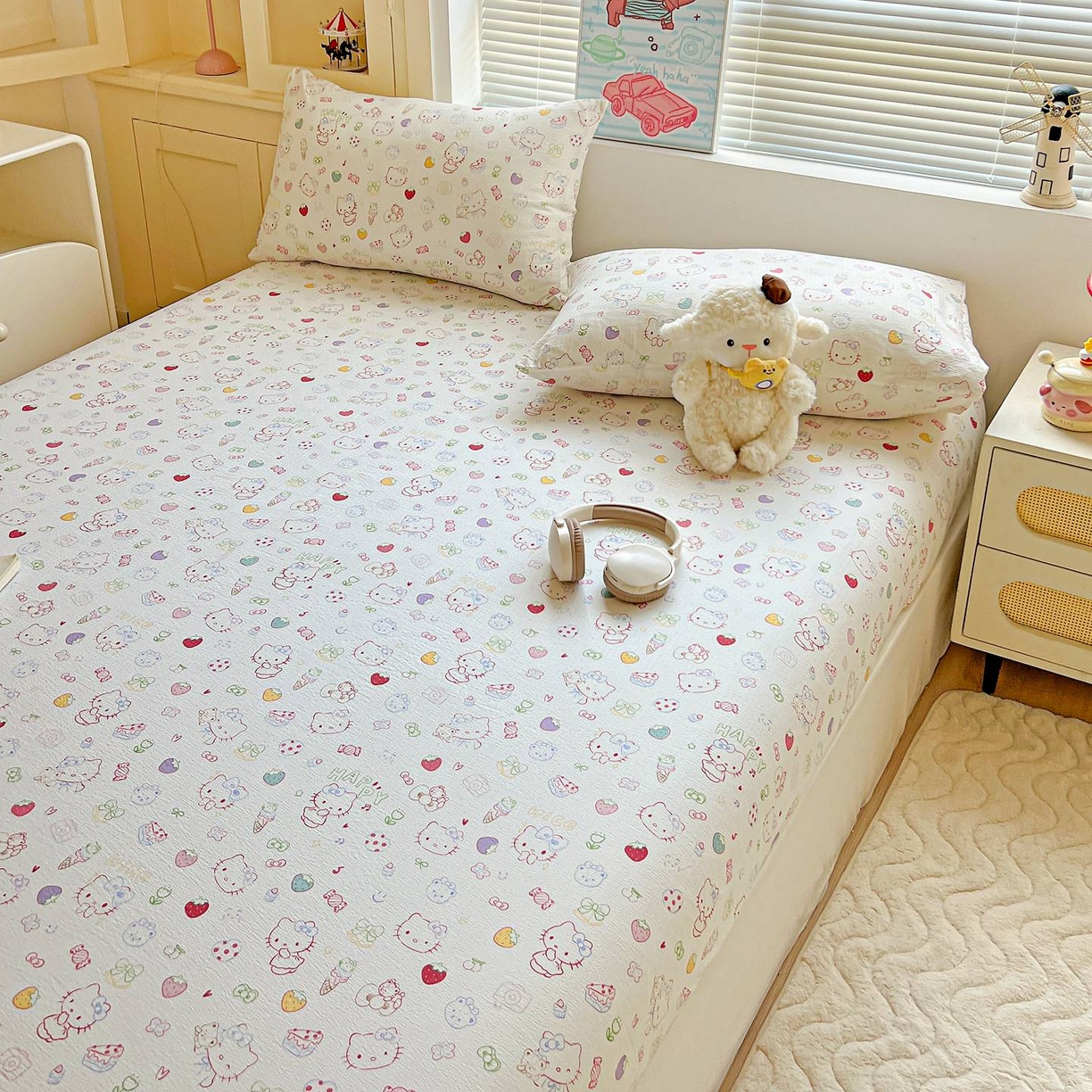 91家纺网 家纺一手货源 找家纺 Mata蔓塔家 2025新款双层纱印花系列单床笠床笠单件 甜品猫星球