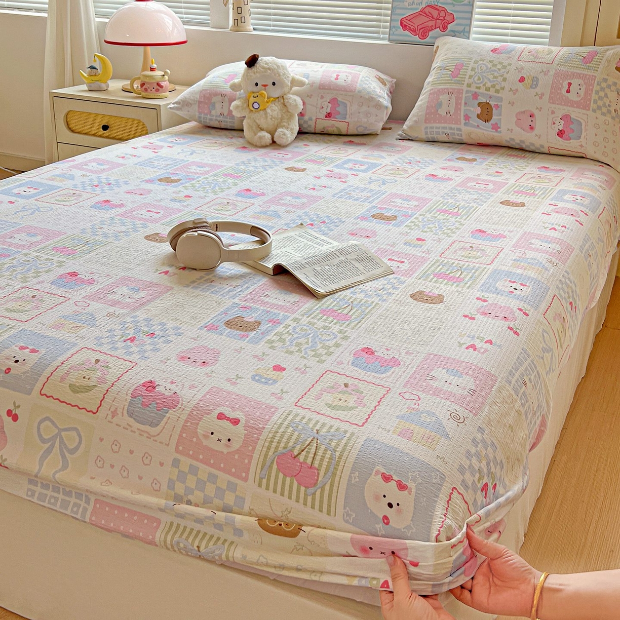 91家纺网 家纺一手货源 找家纺 Mata蔓塔家 2025新款双层纱印花系列单床笠床笠单件 奶油块块