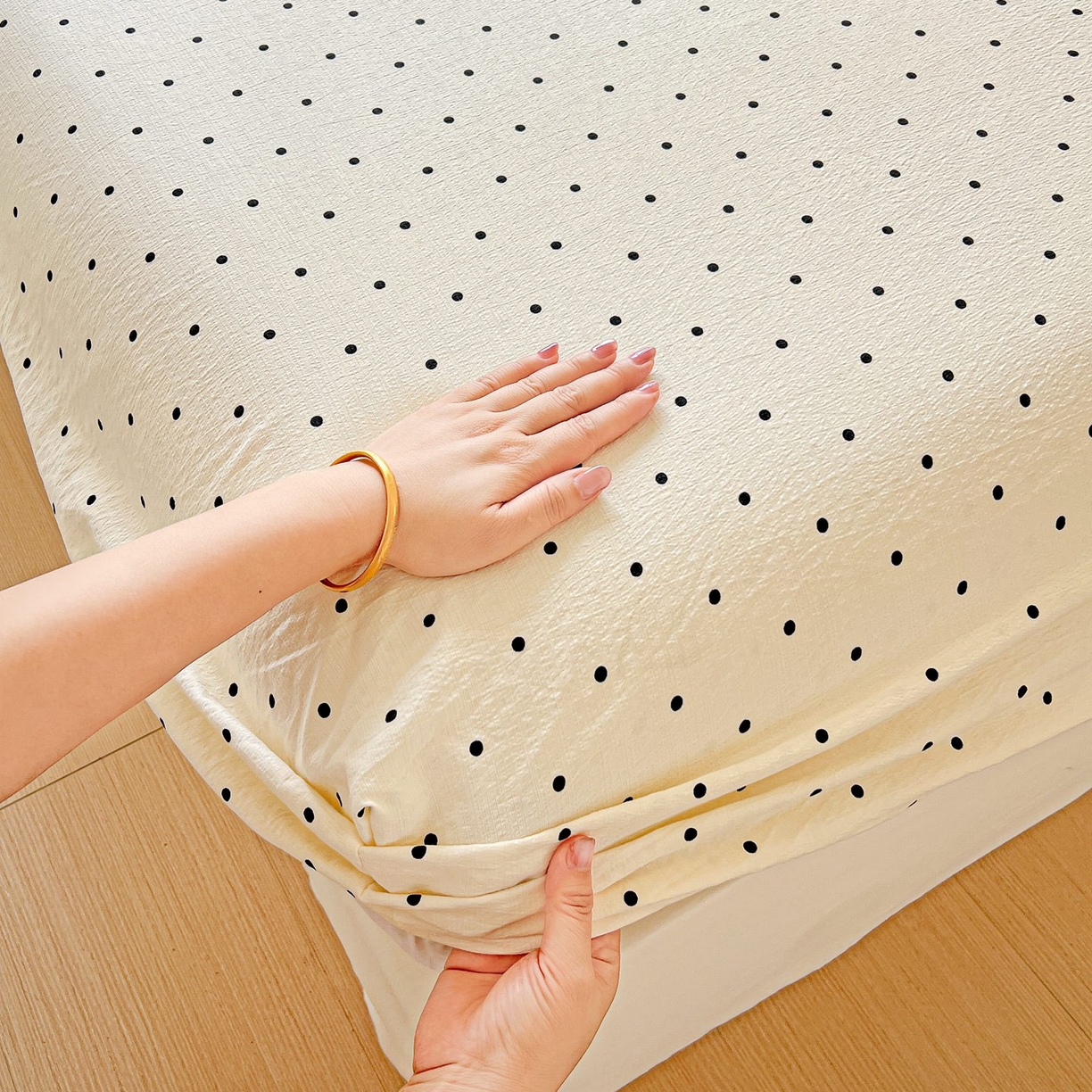 91家纺网 家纺一手货源 找家纺 Mata蔓塔家 2025新款双层纱印花系列单床笠床笠单件 米波点