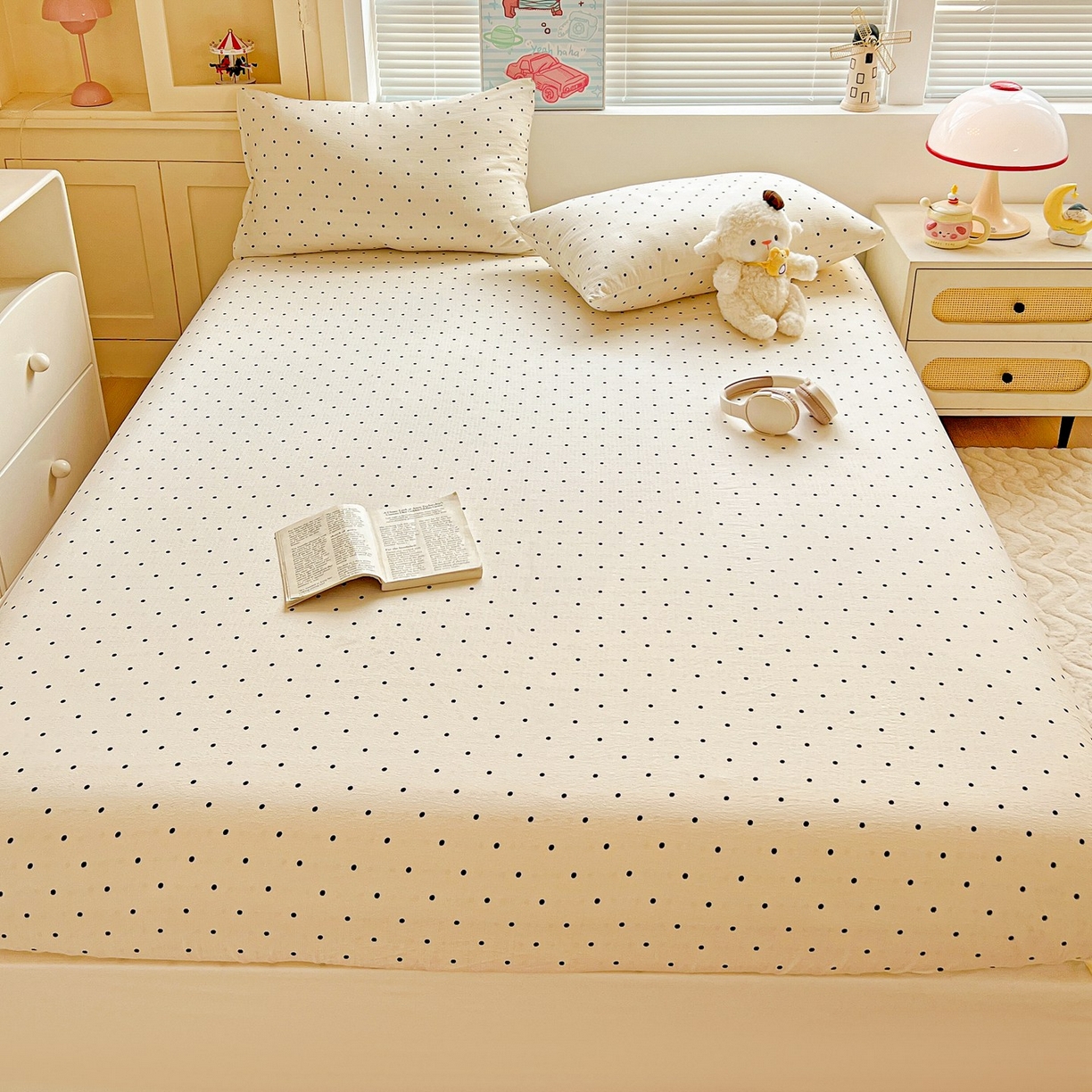 91家纺网 家纺一手货源 找家纺 Mata蔓塔家 2025新款双层纱印花系列单床笠床笠单件 米波点