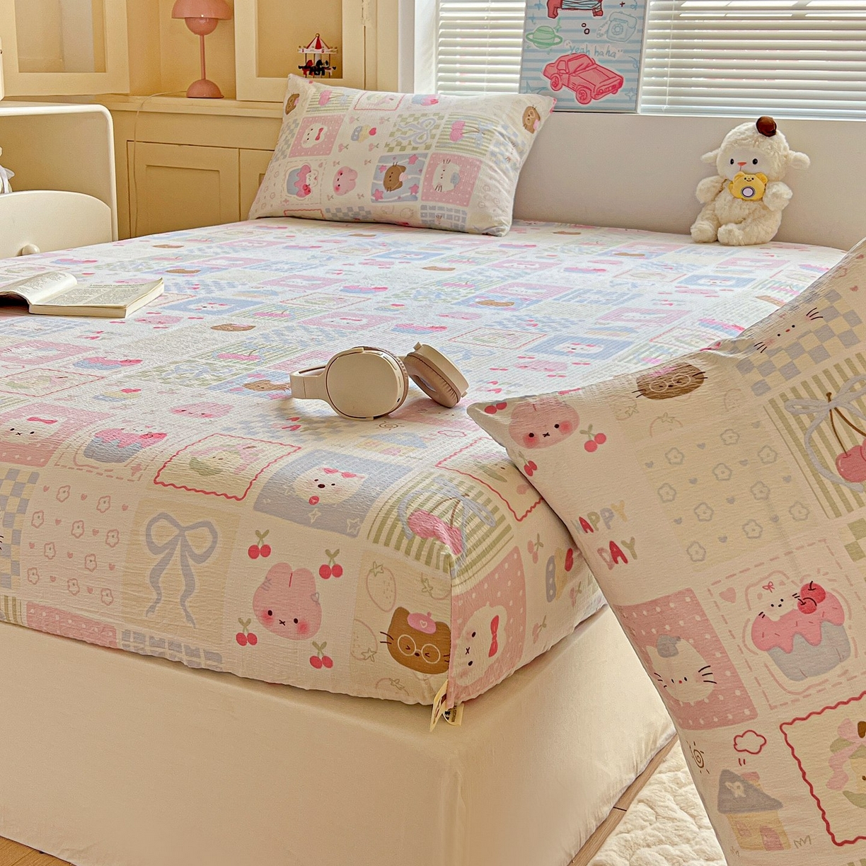 91家纺网 家纺一手货源 找家纺 Mata蔓塔家 2025新款双层纱印花系列单床笠床笠单件 奶油块块