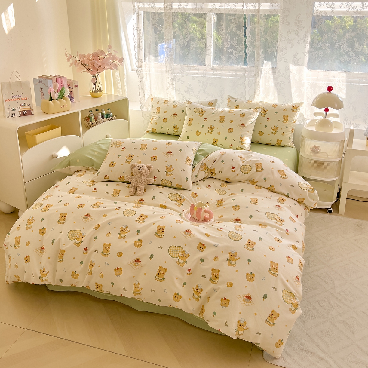 91家纺网 家纺一手货源 找家纺 DoDo 兜兜 2026新款卡通全棉纯棉小清新三四件套系列 （可定做尺寸） 围裙小熊