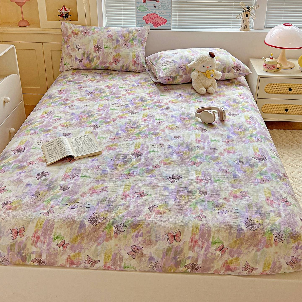 91家纺网 家纺一手货源 找家纺 Mata蔓塔家 2025新款双层纱印花系列单床笠床笠单件 油彩蝴蝶