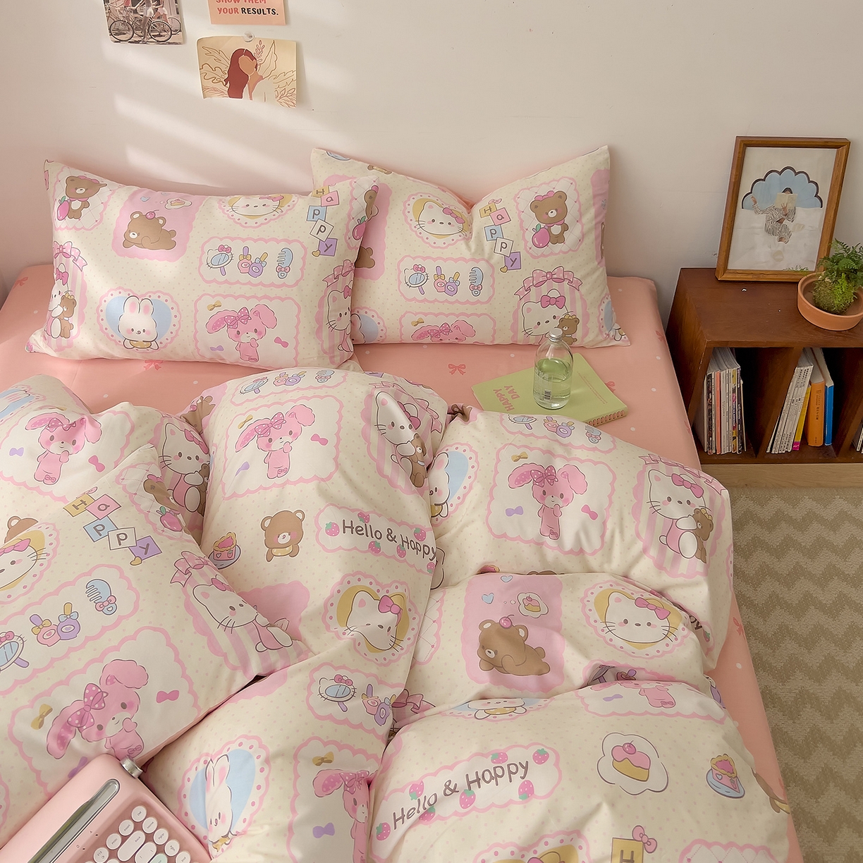 91家纺网 家纺一手货源 找家纺 DoDo 兜兜 2026新款卡通全棉纯棉小清新三四件套系列 （可定做尺寸） 粉粉猫