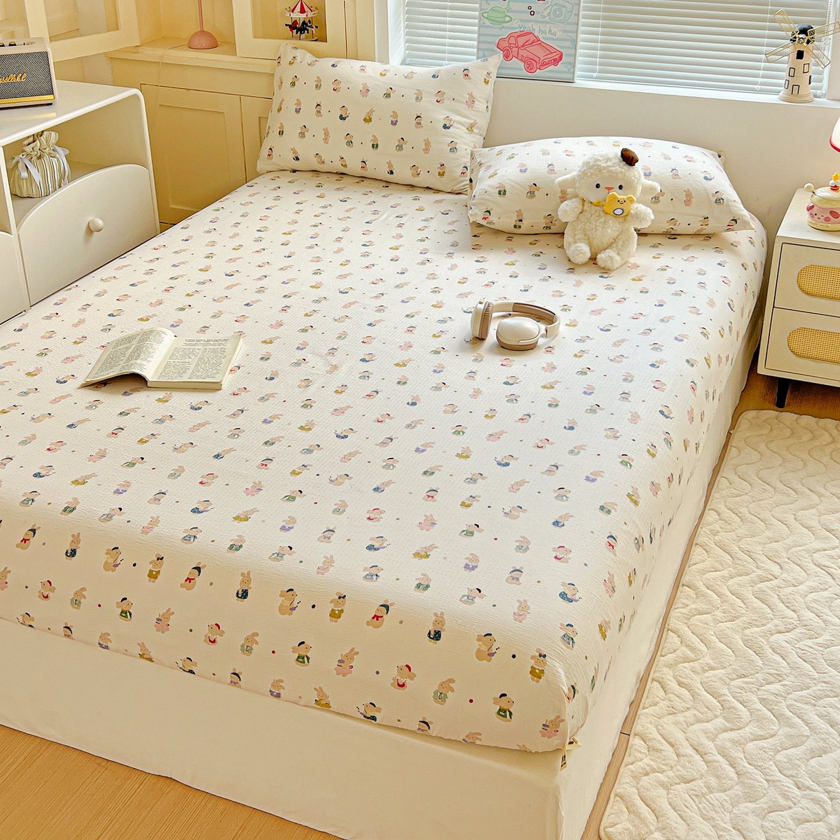 91家纺网 家纺一手货源 找家纺 Mata蔓塔家 2025新款双层纱印花系列单床笠床笠单件 兔子集合