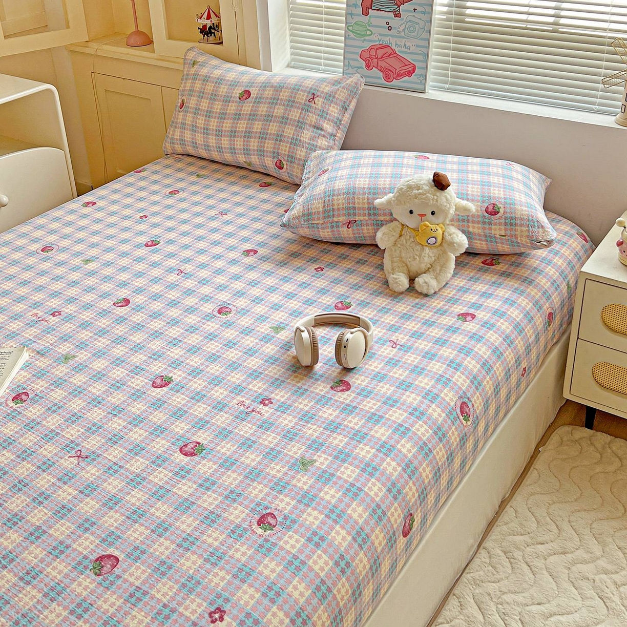 91家纺网 家纺一手货源 找家纺 Mata蔓塔家 2025新款双层纱印花系列单床笠床笠单件 有草莓的地方