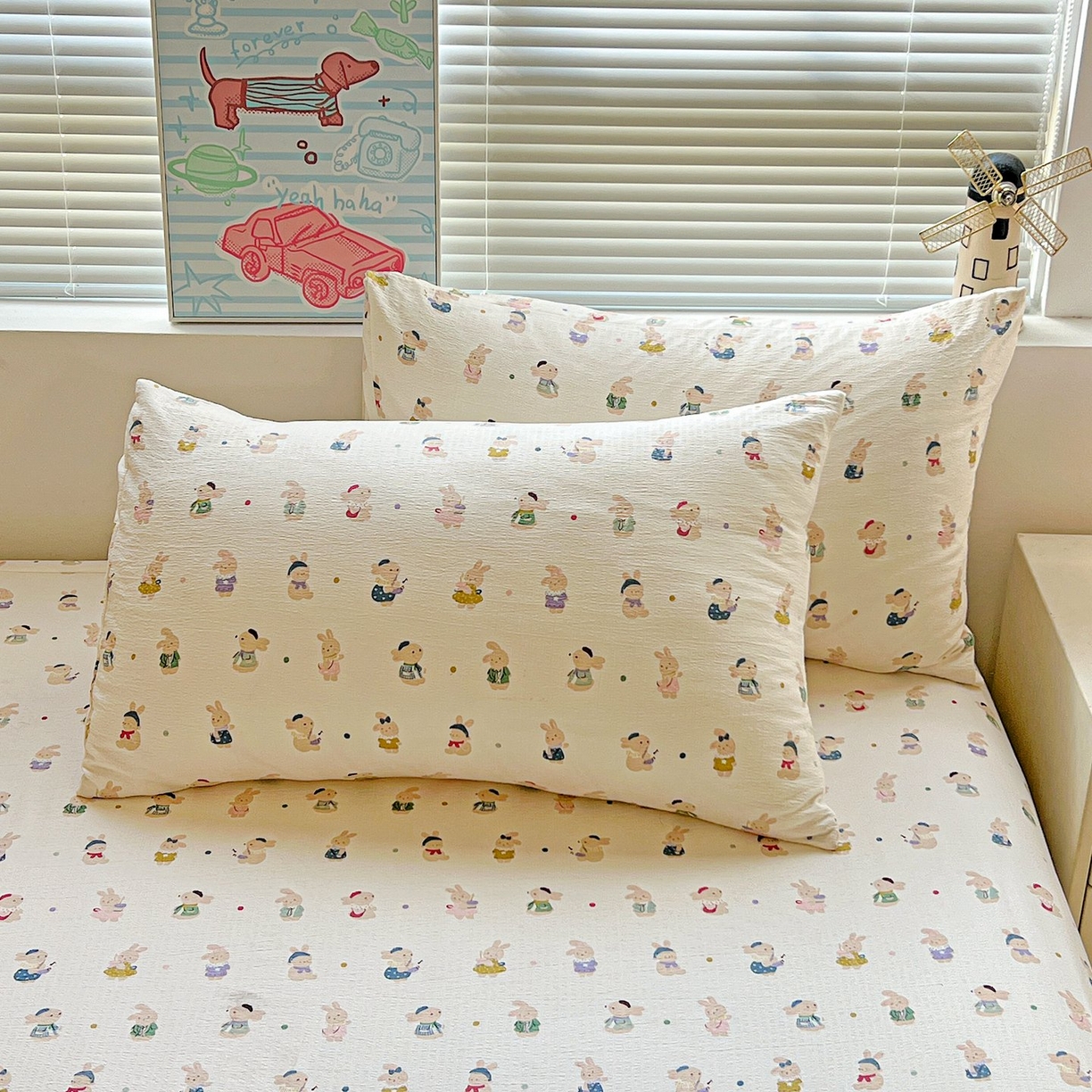 91家纺网 家纺一手货源 找家纺 Mata蔓塔家 2025新款双层纱印花系列单床笠床笠单件 兔子集合