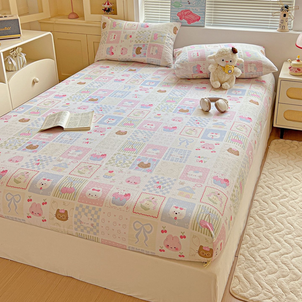 91家纺网 家纺一手货源 找家纺 Mata蔓塔家 2025新款双层纱印花系列单床笠床笠单件 奶油块块