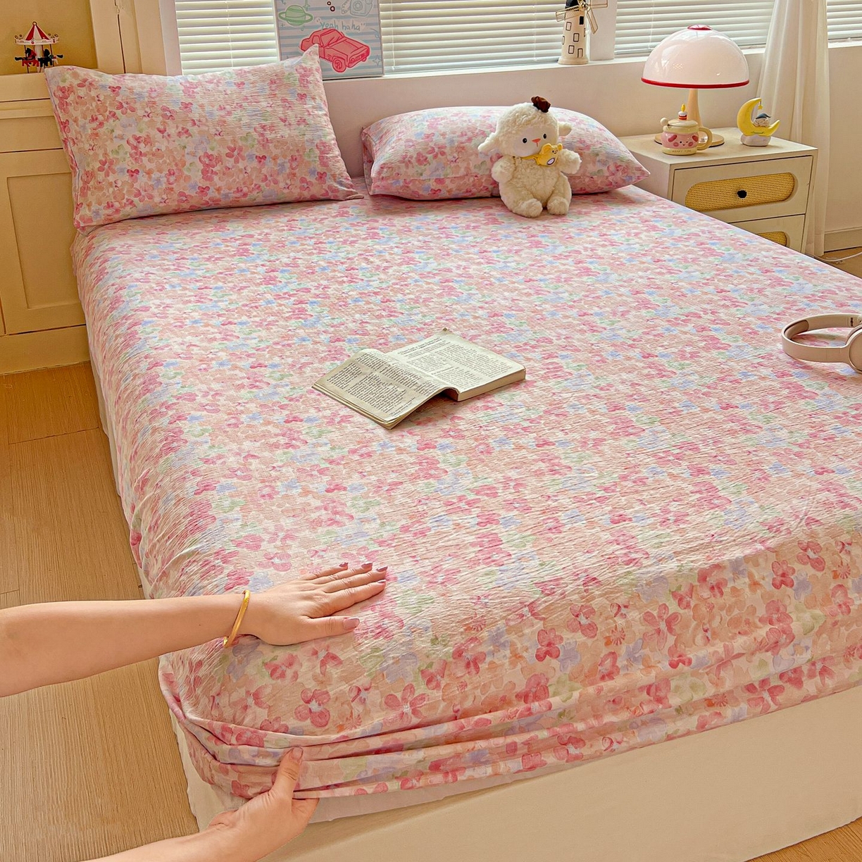 91家纺网 家纺一手货源 找家纺 Mata蔓塔家 2025新款双层纱印花系列单床笠床笠单件 十里桃花