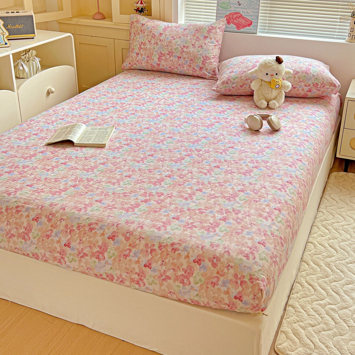 91家纺网 家纺一手货源 找家纺 Mata蔓塔家 2025新款双层纱印花系列单床笠床笠单件 十里桃花