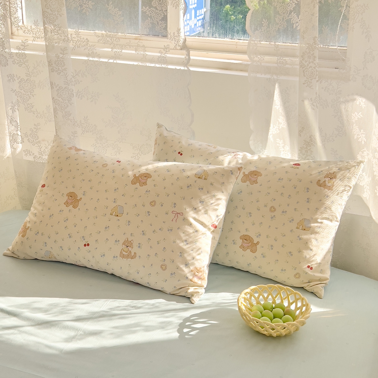 91家纺网 家纺一手货源 找家纺 DoDo 兜兜 2026新款卡通全棉纯棉小清新三四件套系列 （可定做尺寸） 蘑菇小狗