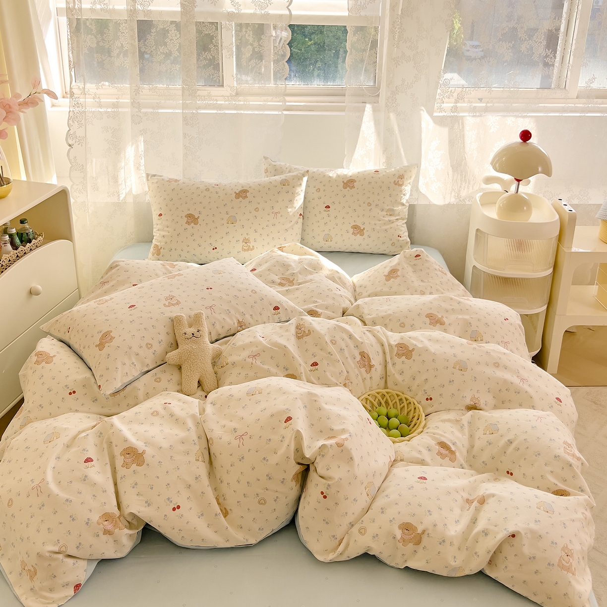 91家纺网 家纺一手货源 找家纺 DoDo 兜兜 2026新款卡通全棉纯棉小清新三四件套系列 （可定做尺寸） 蘑菇小狗