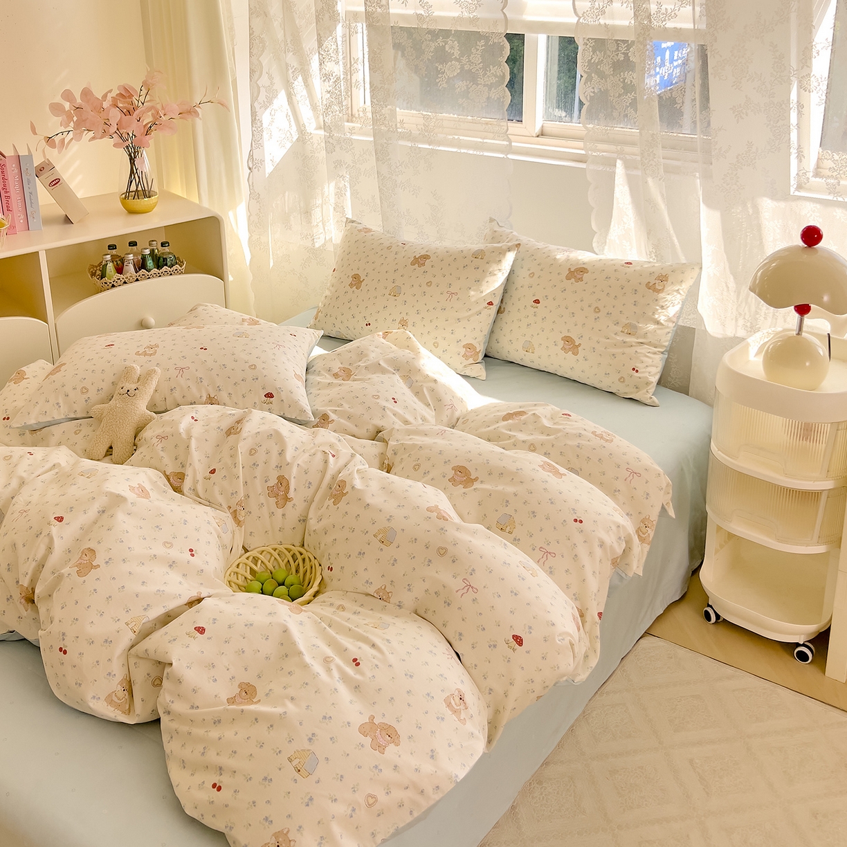 91家纺网 家纺一手货源 找家纺 DoDo 兜兜 2026新款卡通全棉纯棉小清新三四件套系列 （可定做尺寸） 蘑菇小狗