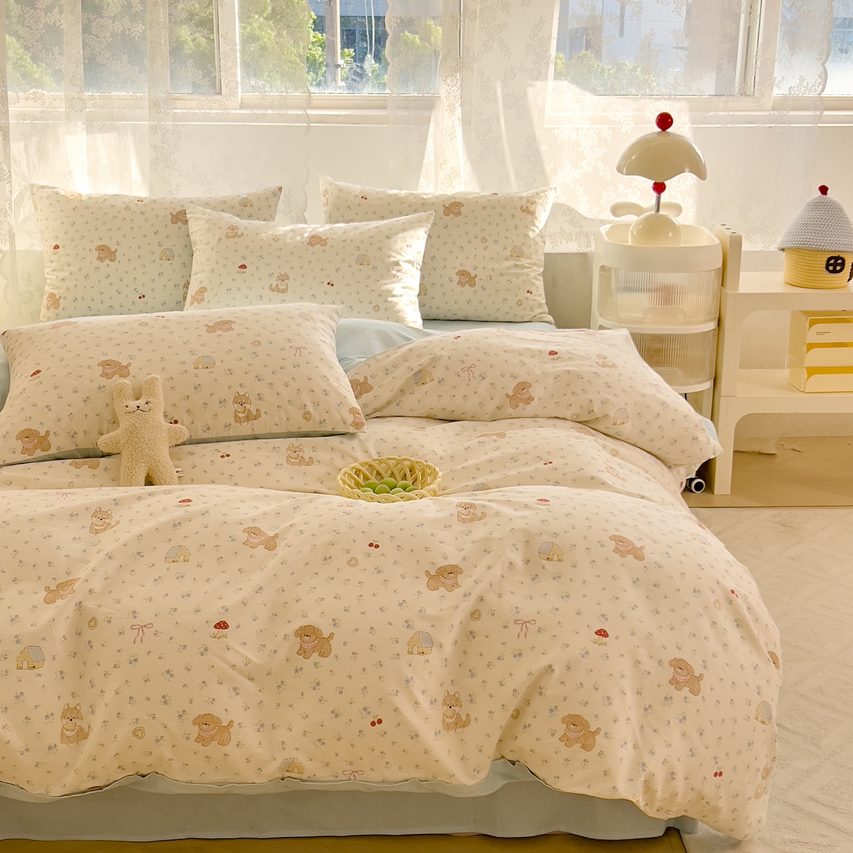 91家纺网 家纺一手货源 找家纺 DoDo 兜兜 2026新款卡通全棉纯棉小清新三四件套系列 （可定做尺寸） 蘑菇小狗