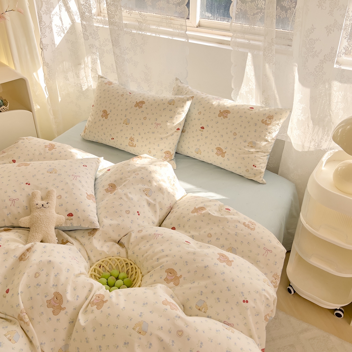 91家纺网 家纺一手货源 找家纺 DoDo 兜兜 2026新款卡通全棉纯棉小清新三四件套系列 （可定做尺寸） 蘑菇小狗