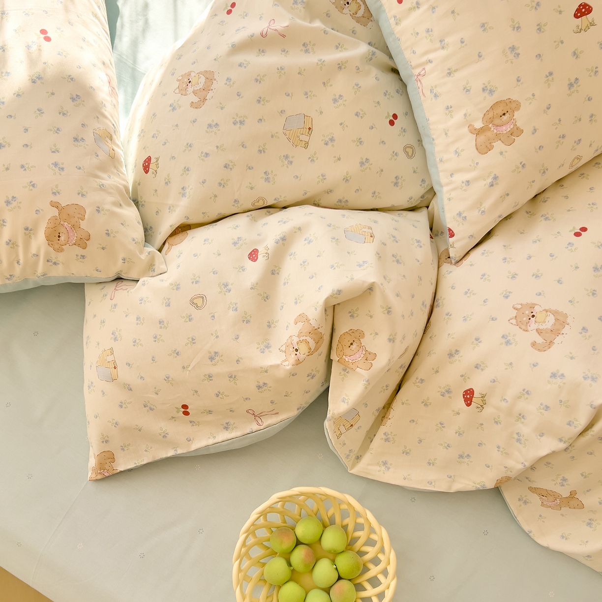 91家纺网 家纺一手货源 找家纺 DoDo 兜兜 2026新款卡通全棉纯棉小清新三四件套系列 （可定做尺寸） 蘑菇小狗