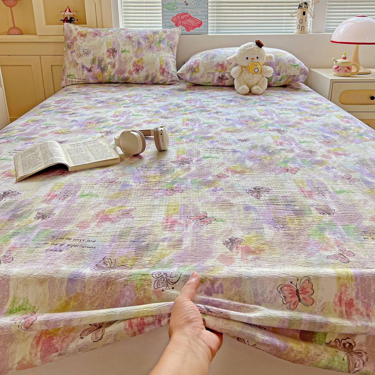 91家纺网 家纺一手货源 找家纺 Mata蔓塔家 2025新款双层纱印花系列单床笠床笠单件 油彩蝴蝶