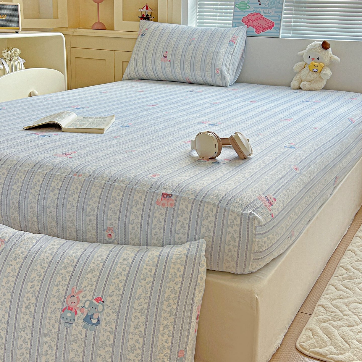 91家纺网 家纺一手货源 找家纺 Mata蔓塔家 2025新款双层纱印花系列单床笠床笠单件 小象宝宝