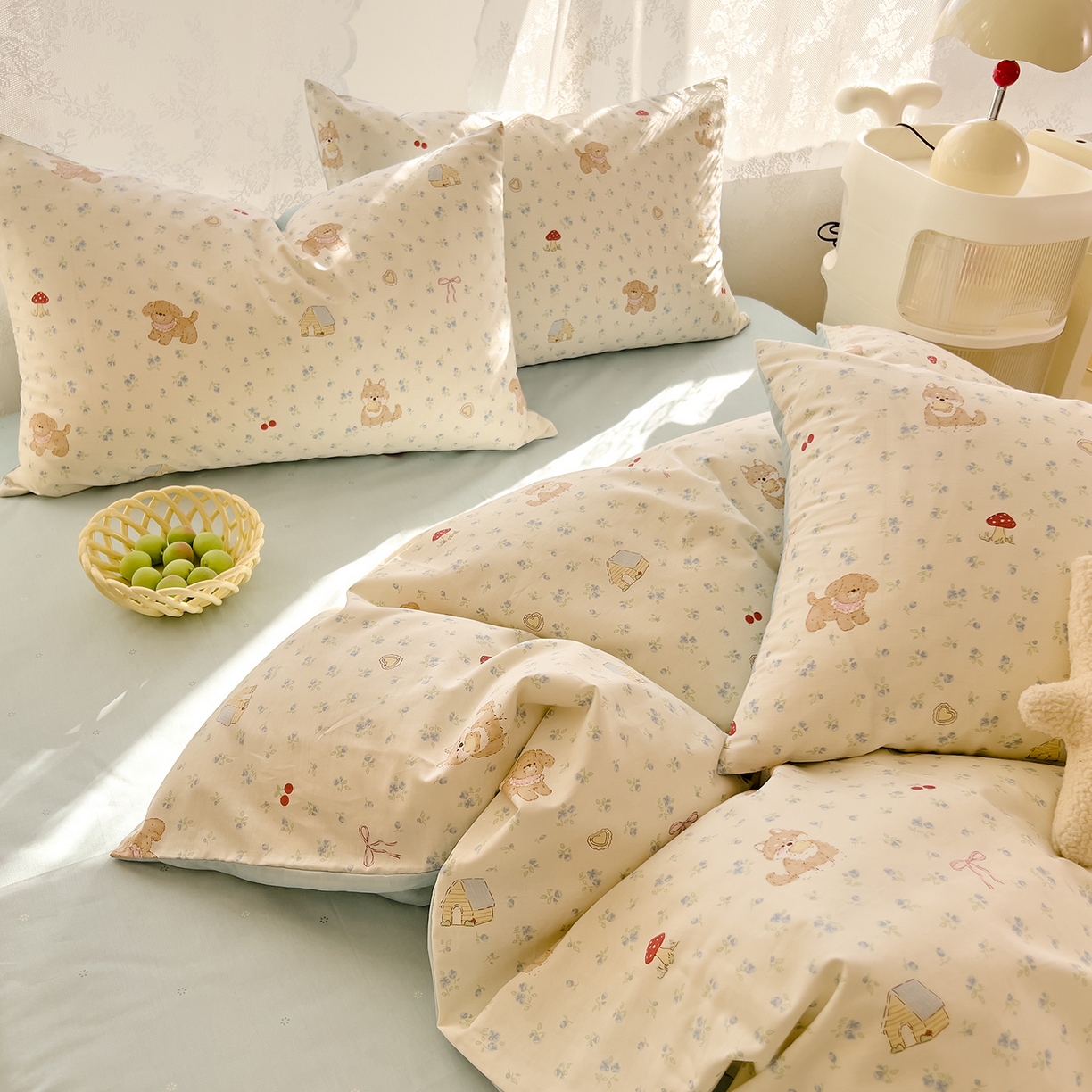 91家纺网 家纺一手货源 找家纺 DoDo 兜兜 2026新款卡通全棉纯棉小清新三四件套系列 （可定做尺寸） 蘑菇小狗