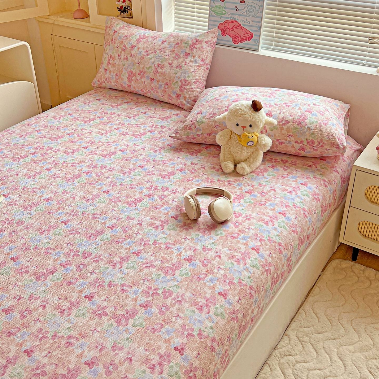 91家纺网 家纺一手货源 找家纺 Mata蔓塔家 2025新款双层纱印花系列单床笠床笠单件 十里桃花